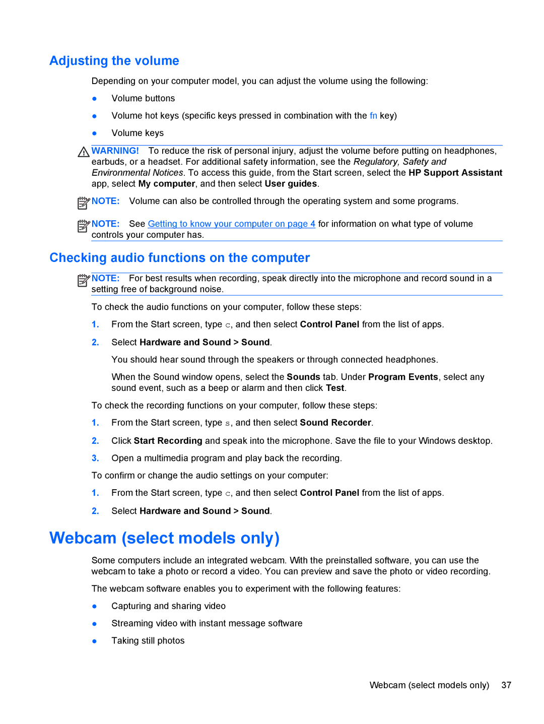 HP 14' B8V06UT#ABA manual Webcam select models only, Adjusting the volume, Checking audio functions on the computer 