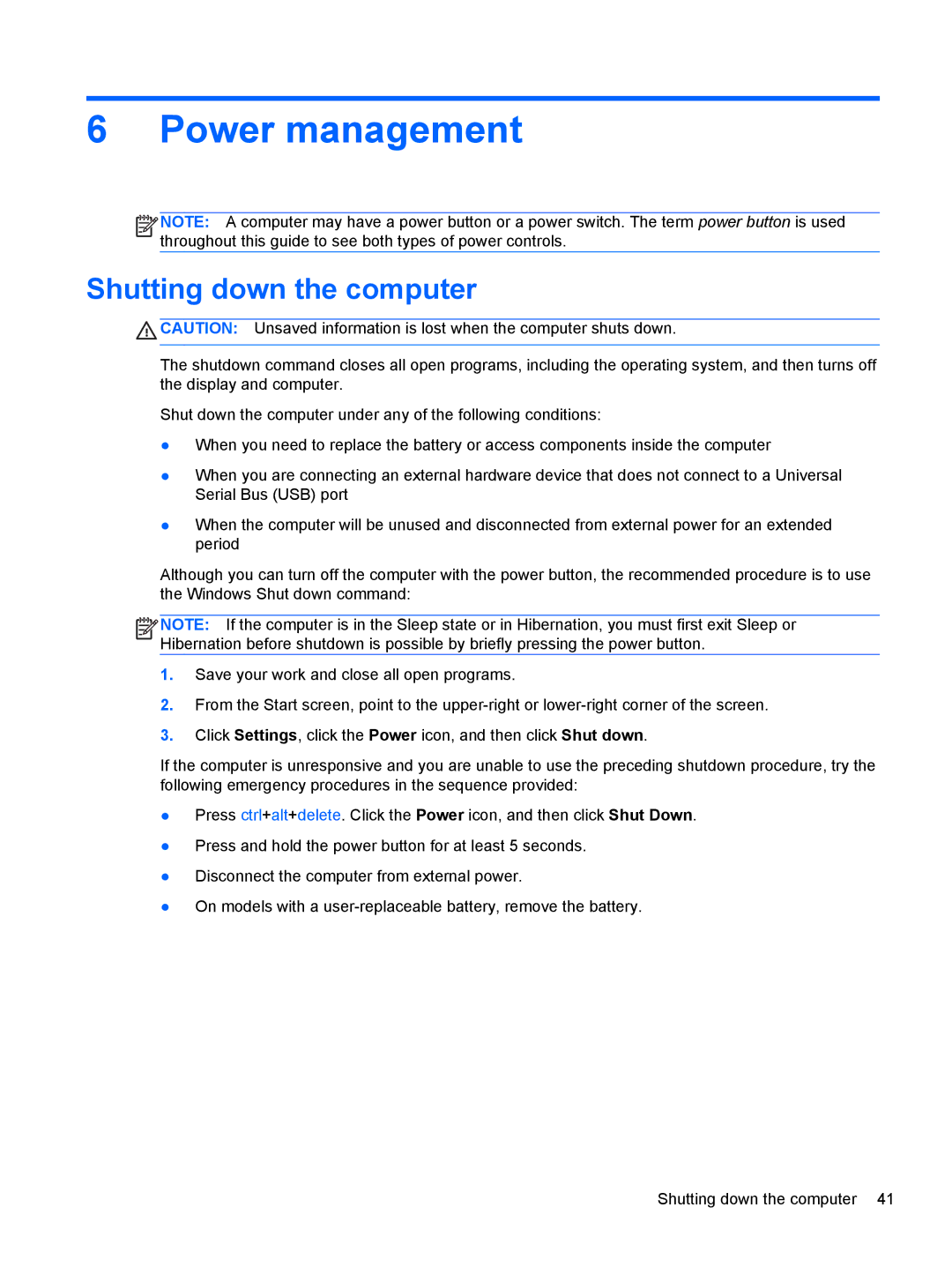 HP 14' B8V06UT#ABA manual Power management, Shutting down the computer 