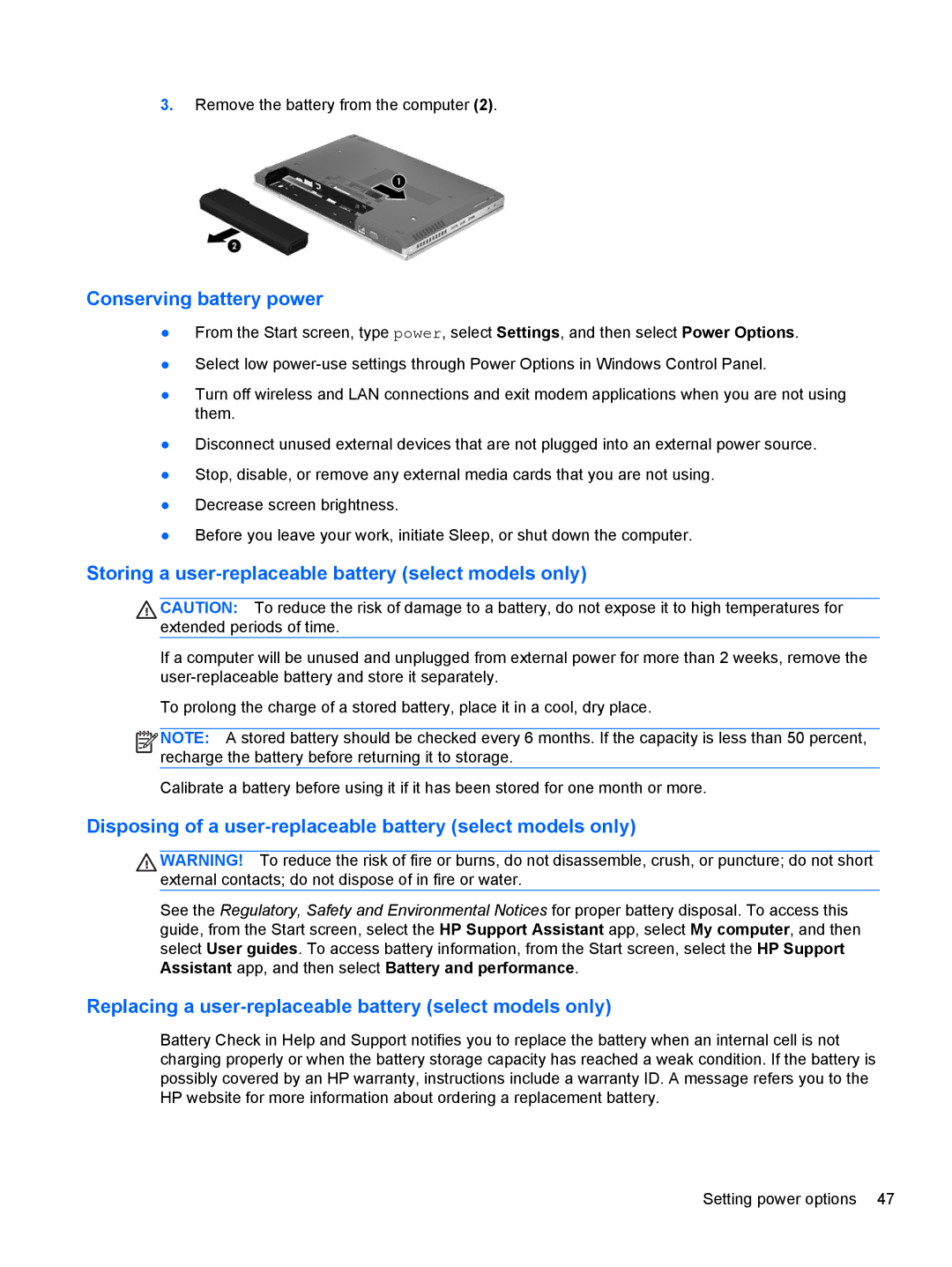 HP 14' B8V06UT#ABA manual Conserving battery power, Storing a user-replaceable battery select models only 