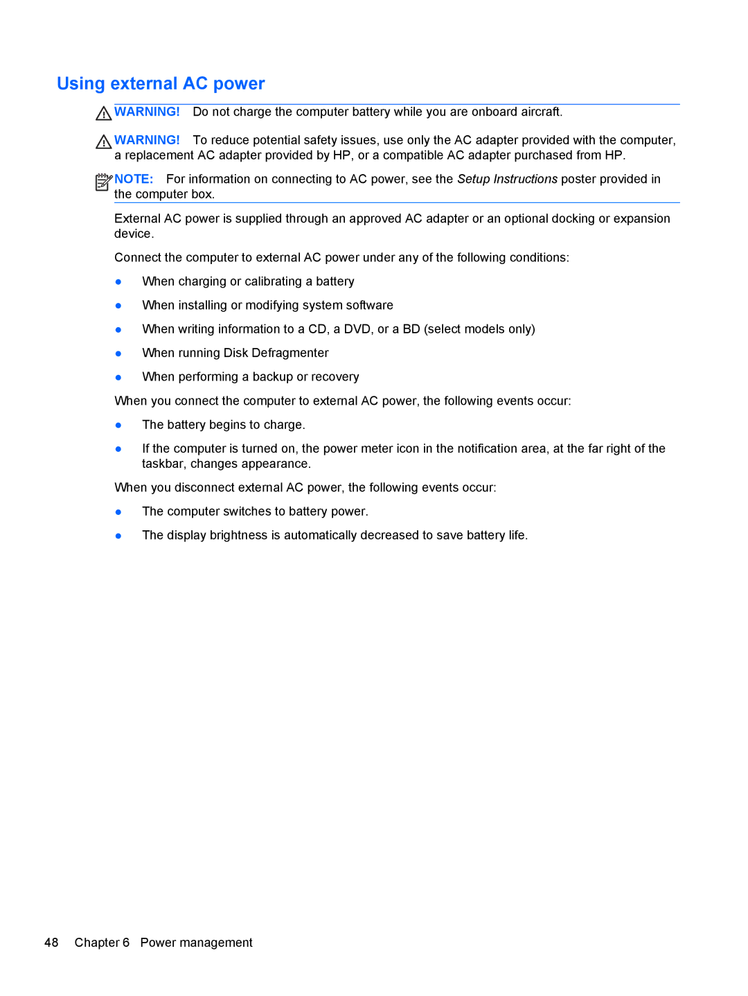 HP 14' B8V06UT#ABA manual Using external AC power 