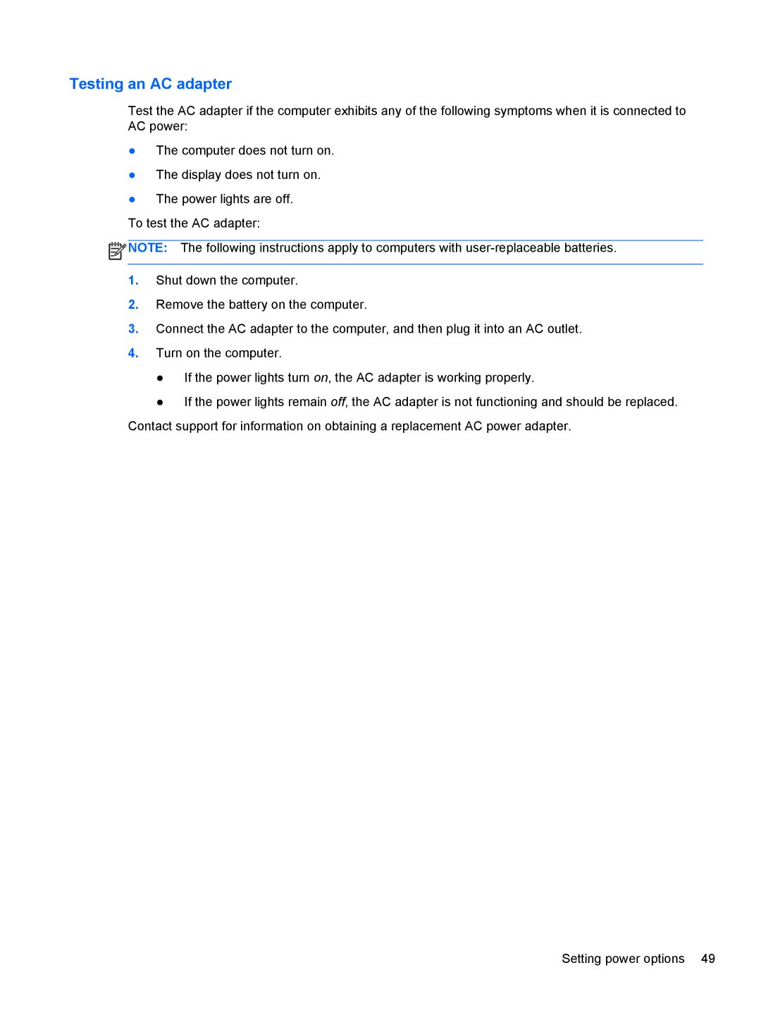 HP 14' B8V06UT#ABA manual Testing an AC adapter 