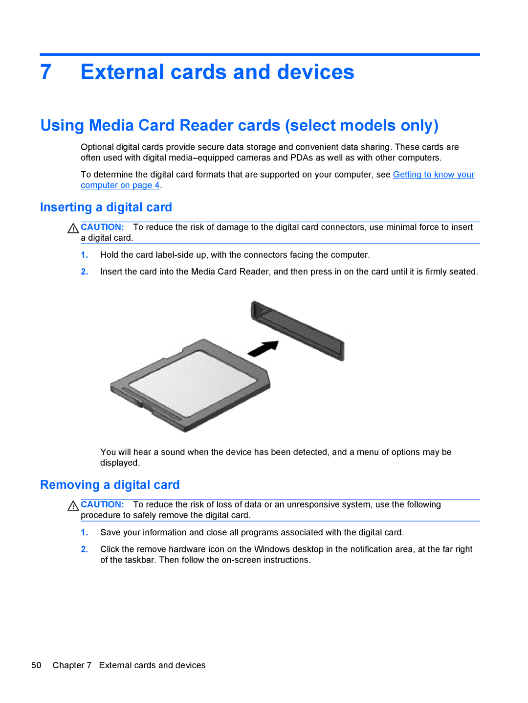 HP 14' B8V06UT#ABA External cards and devices, Using Media Card Reader cards select models only, Inserting a digital card 