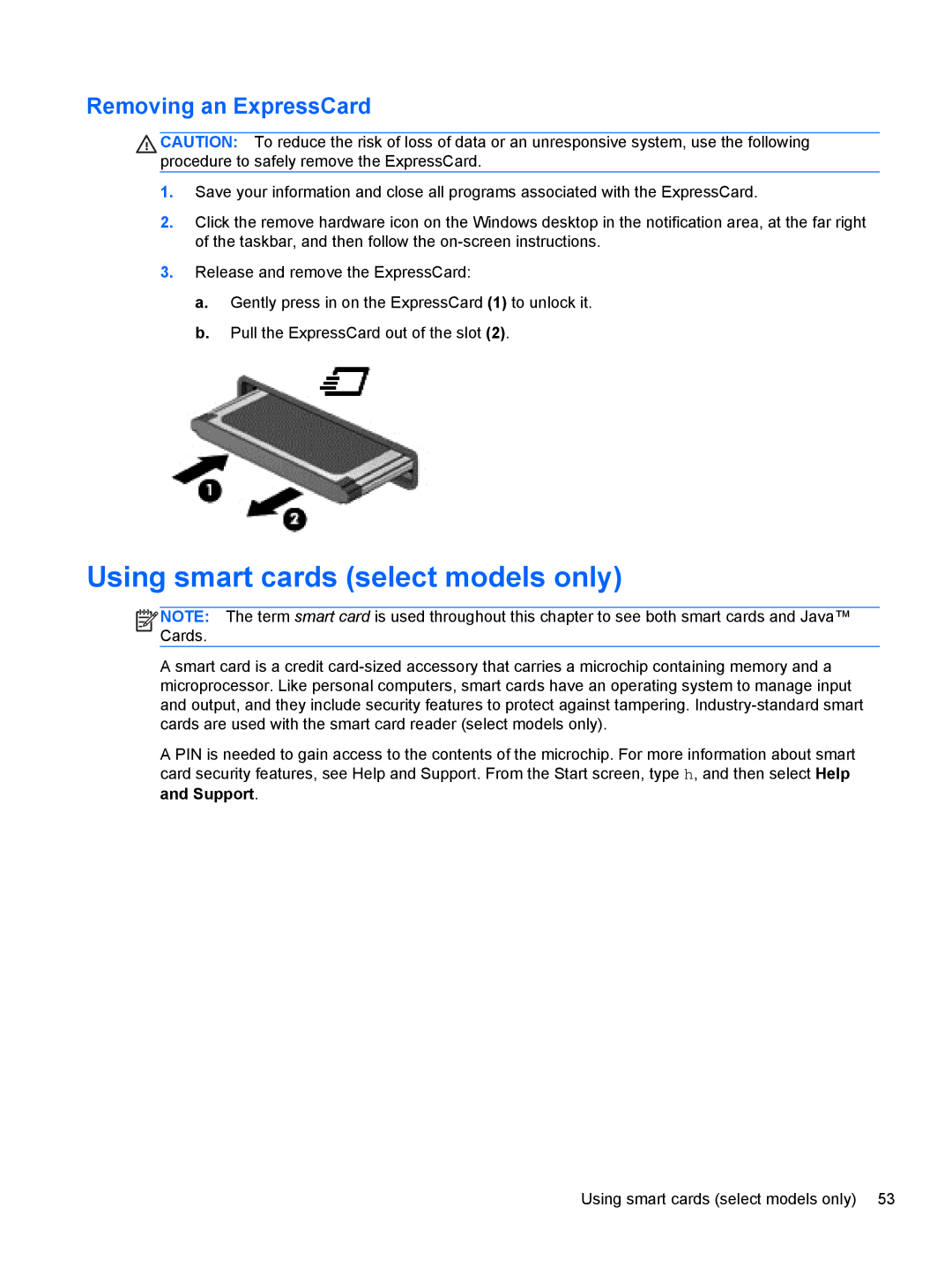 HP 14' B8V06UT#ABA manual Using smart cards select models only, Removing an ExpressCard 