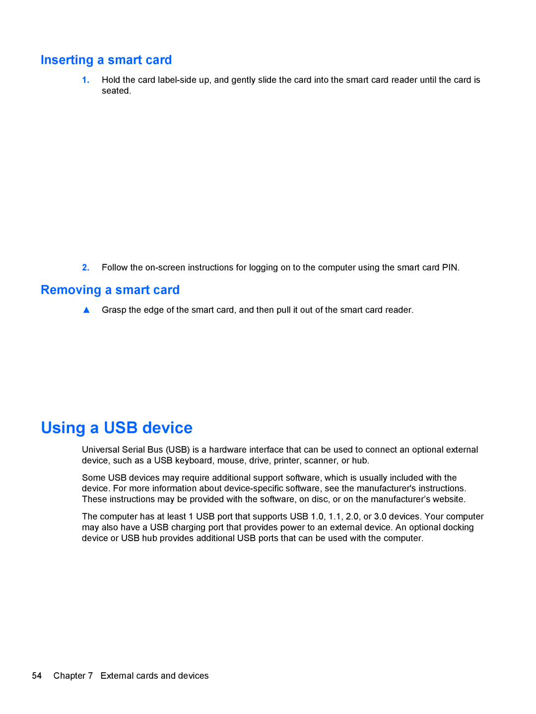 HP 14' B8V06UT#ABA manual Using a USB device, Inserting a smart card, Removing a smart card 