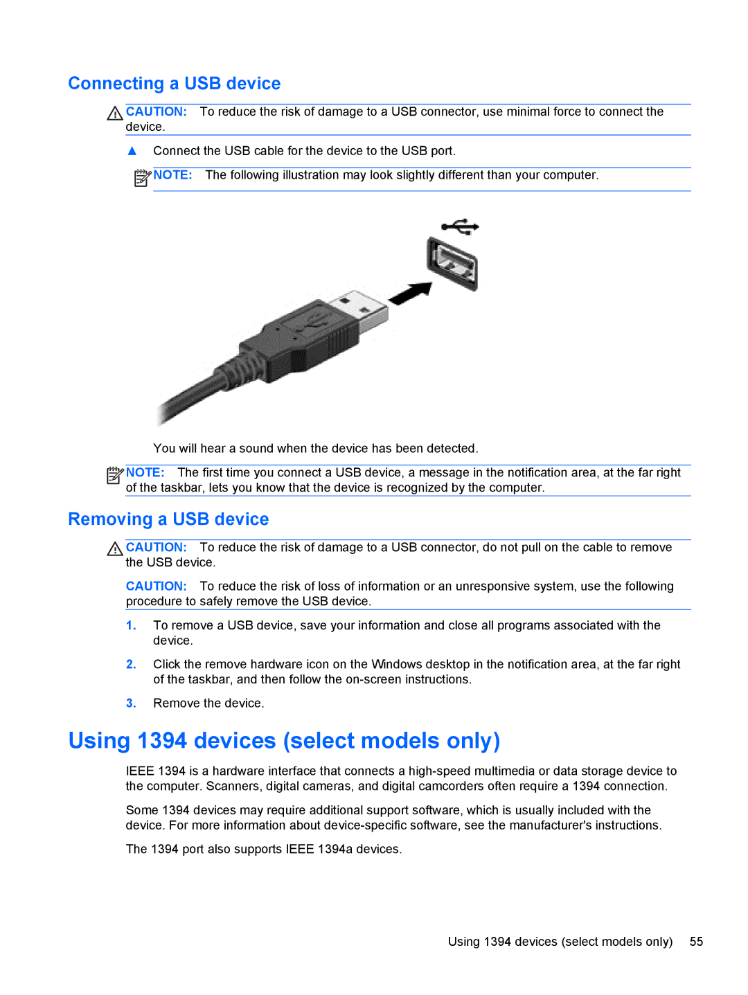 HP 14' B8V06UT#ABA manual Using 1394 devices select models only, Connecting a USB device, Removing a USB device 