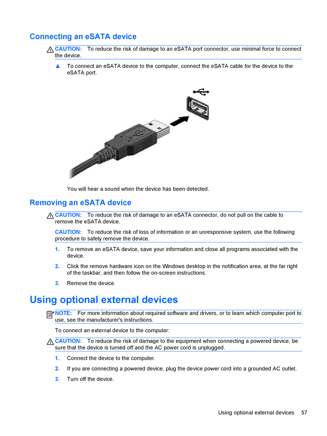 HP 14' B8V06UT#ABA manual Using optional external devices, Connecting an eSATA device, Removing an eSATA device 