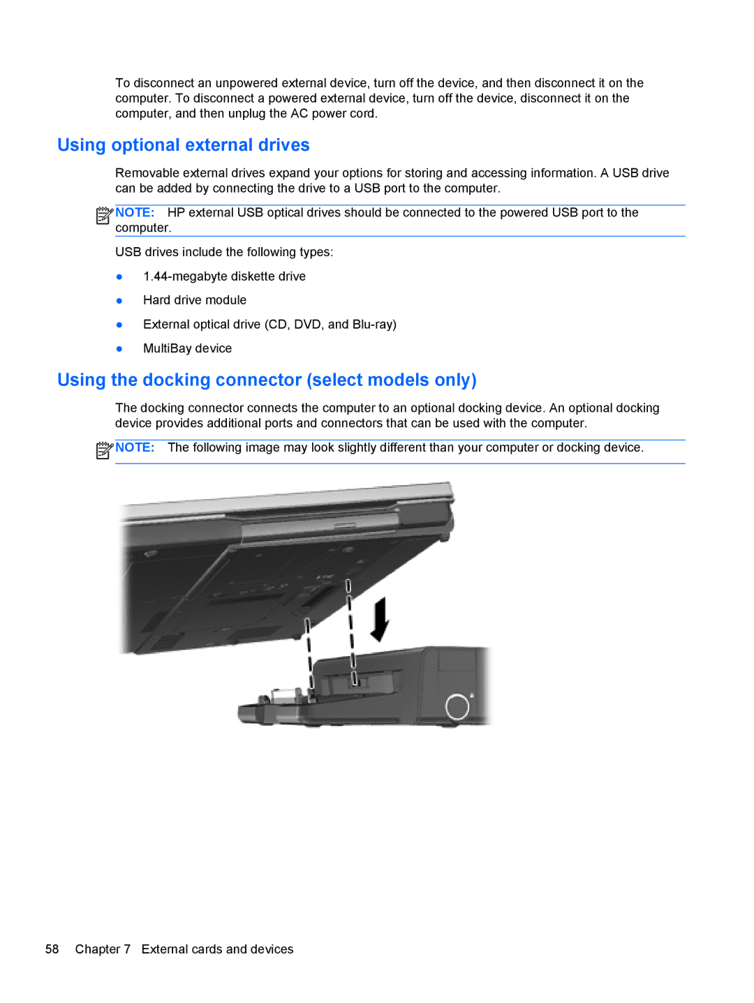 HP 14' B8V06UT#ABA manual Using optional external drives, Using the docking connector select models only 