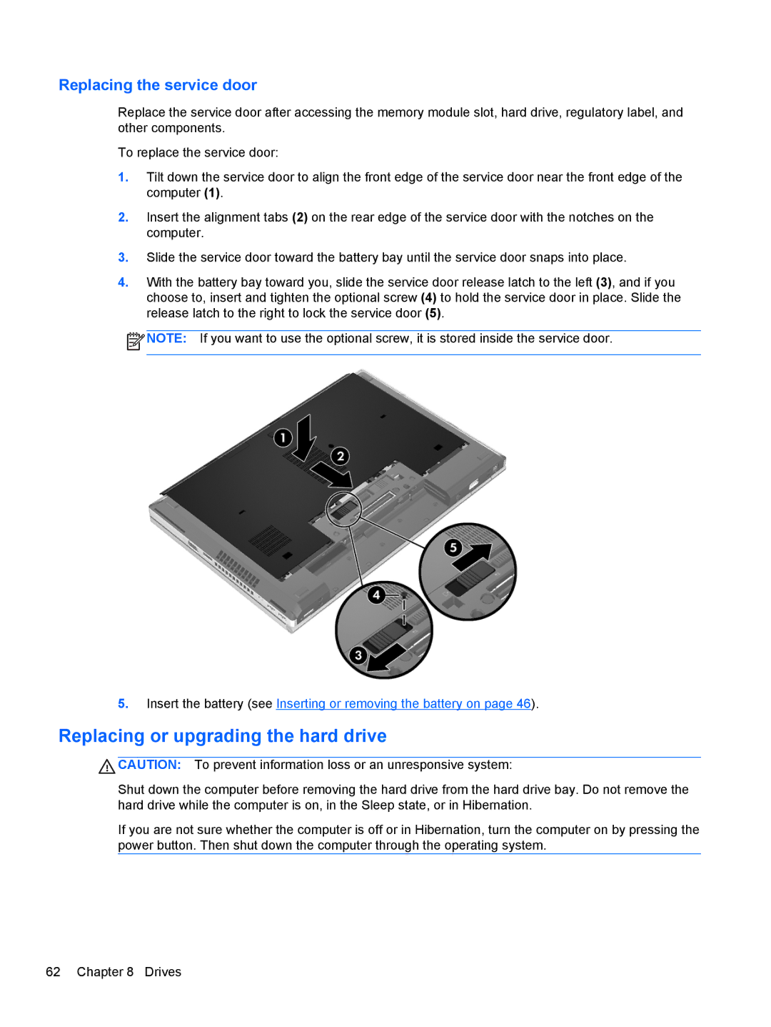 HP 14' B8V06UT#ABA manual Replacing or upgrading the hard drive, Replacing the service door 