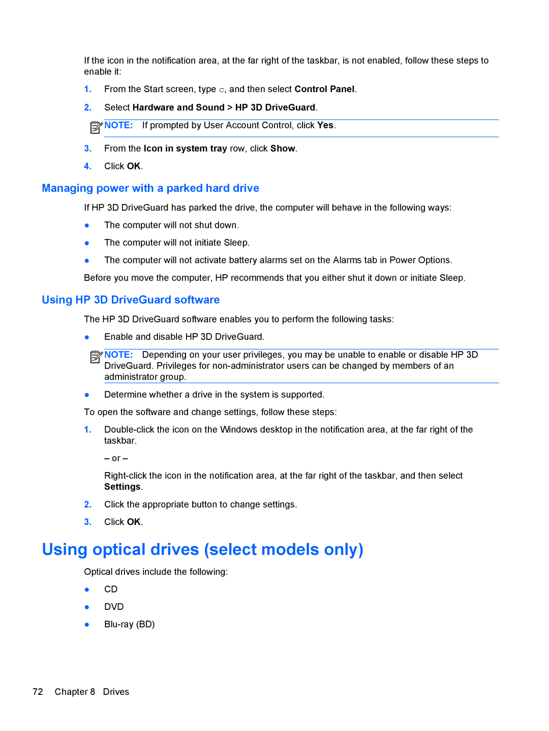 HP 14' B8V06UT#ABA manual Using optical drives select models only, Managing power with a parked hard drive 