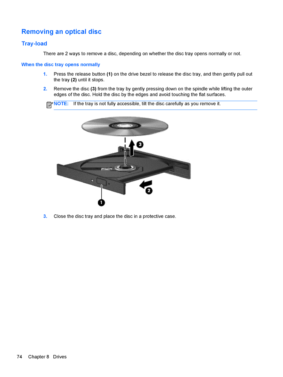 HP 14' B8V06UT#ABA manual Removing an optical disc, When the disc tray opens normally 