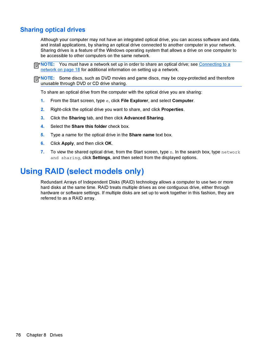 HP 14' B8V06UT#ABA manual Using RAID select models only, Sharing optical drives 