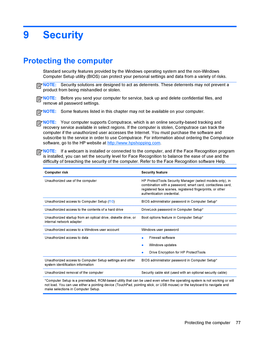 HP 14' B8V06UT#ABA manual Security, Protecting the computer 