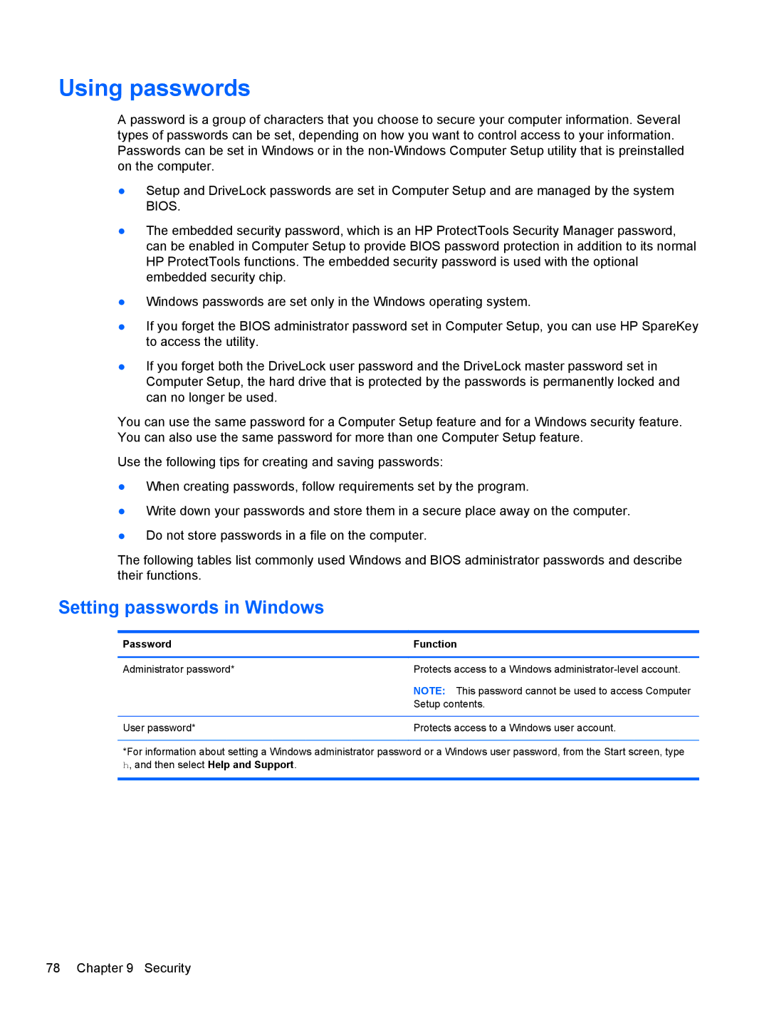 HP 14' B8V06UT#ABA manual Using passwords, Setting passwords in Windows 