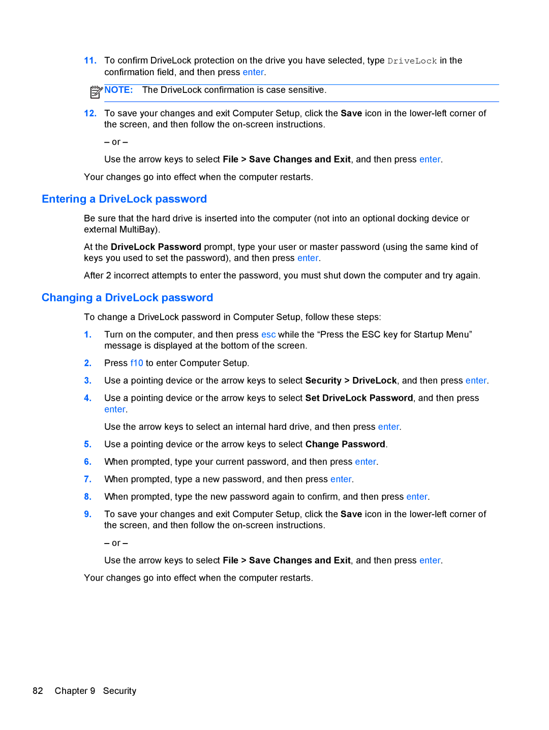 HP 14' B8V06UT#ABA manual Entering a DriveLock password, Changing a DriveLock password 