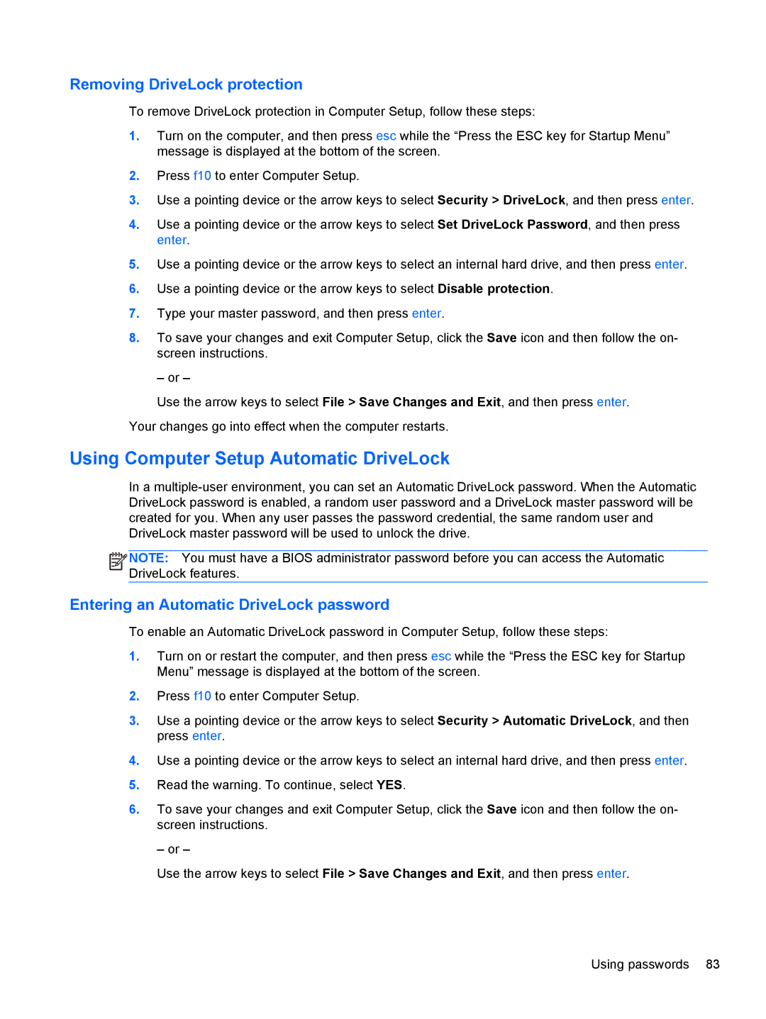 HP 14' B8V06UT#ABA manual Using Computer Setup Automatic DriveLock, Removing DriveLock protection 