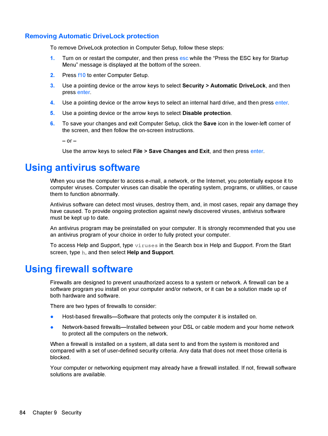 HP 14' B8V06UT#ABA manual Using antivirus software, Using firewall software, Removing Automatic DriveLock protection 