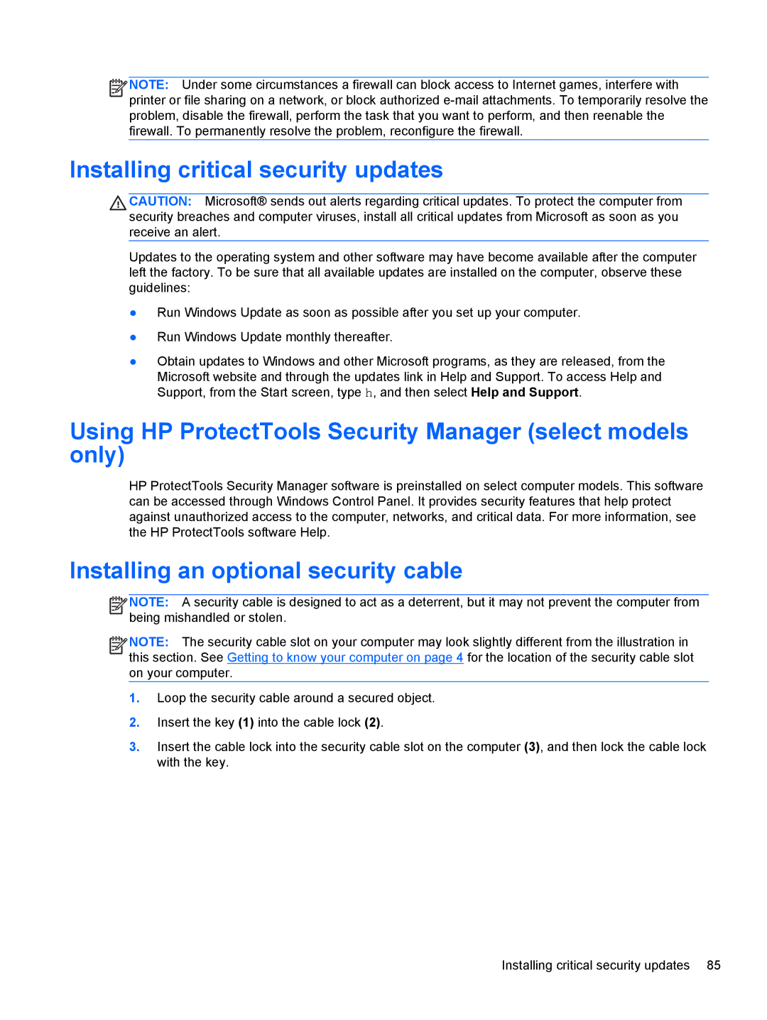 HP 14' B8V06UT#ABA manual Installing critical security updates, Using HP ProtectTools Security Manager select models only 