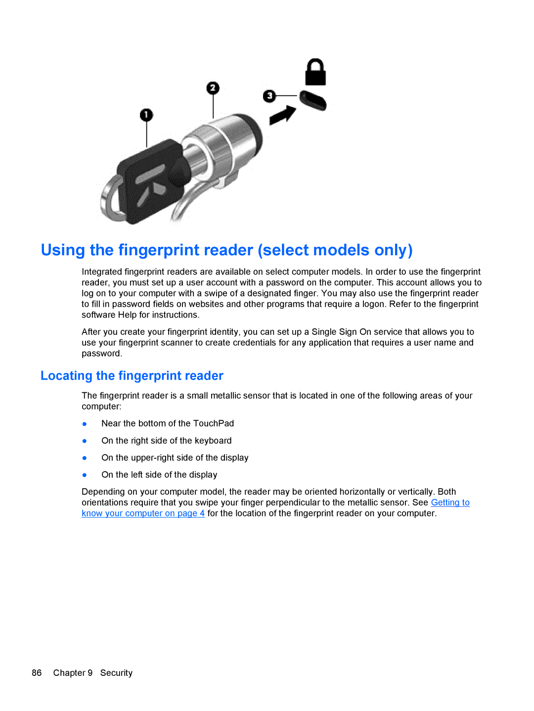 HP 14' B8V06UT#ABA manual Using the fingerprint reader select models only, Locating the fingerprint reader 