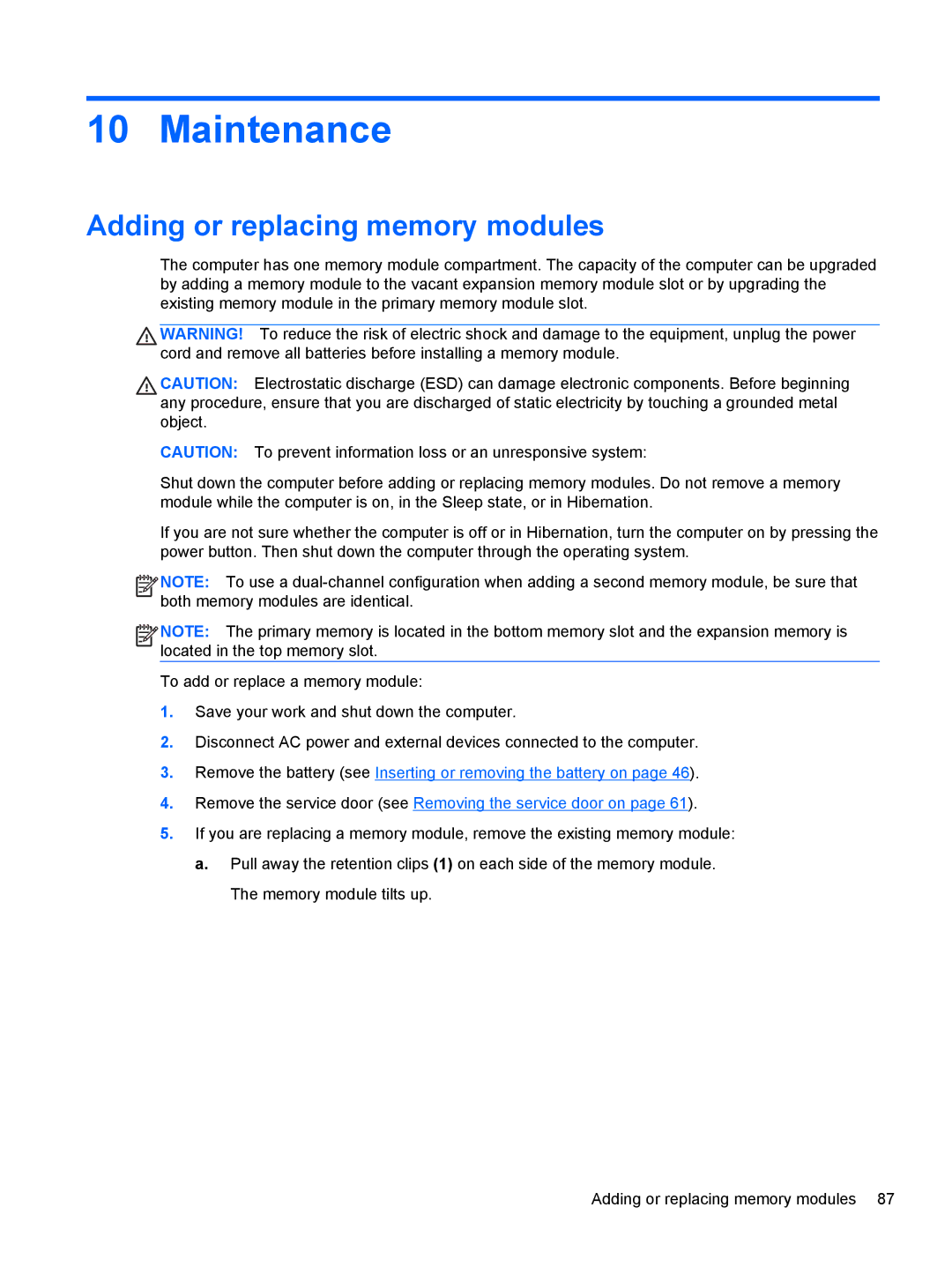 HP 14' B8V06UT#ABA manual Maintenance, Adding or replacing memory modules 