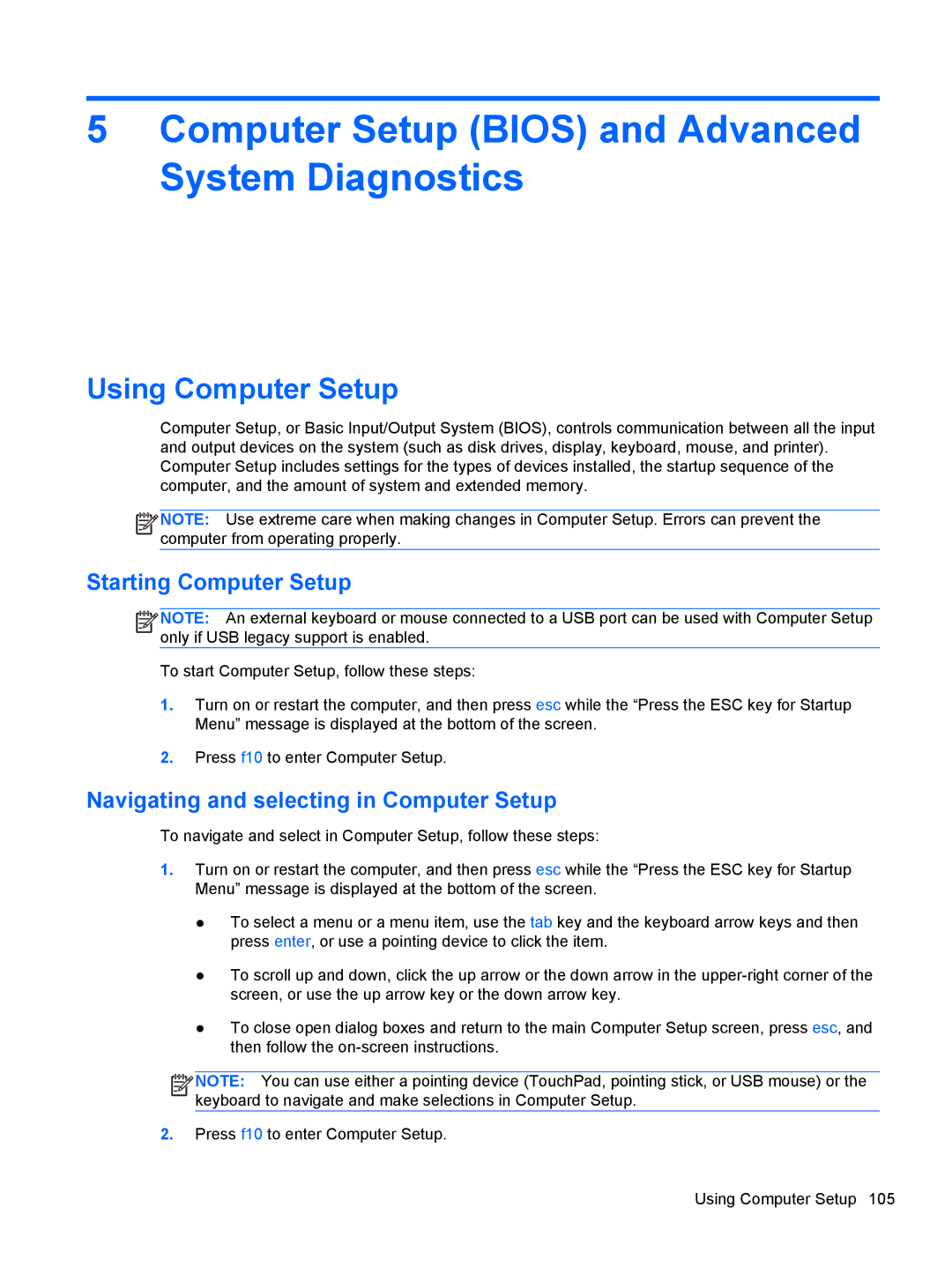 HP 4540s C6Z35UT#ABA manual Using Computer Setup, Starting Computer Setup, Navigating and selecting in Computer Setup 