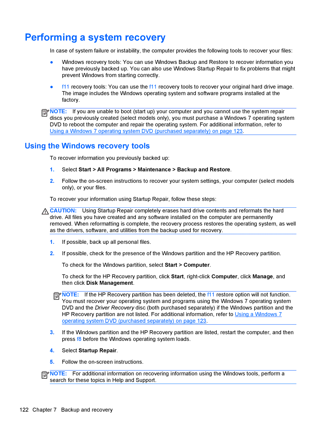HP D8C11UT 14 D8C11UT#ABA, 14 C9K59UT#ABA, 4540s C6Z35UT#ABA Performing a system recovery, Using the Windows recovery tools 