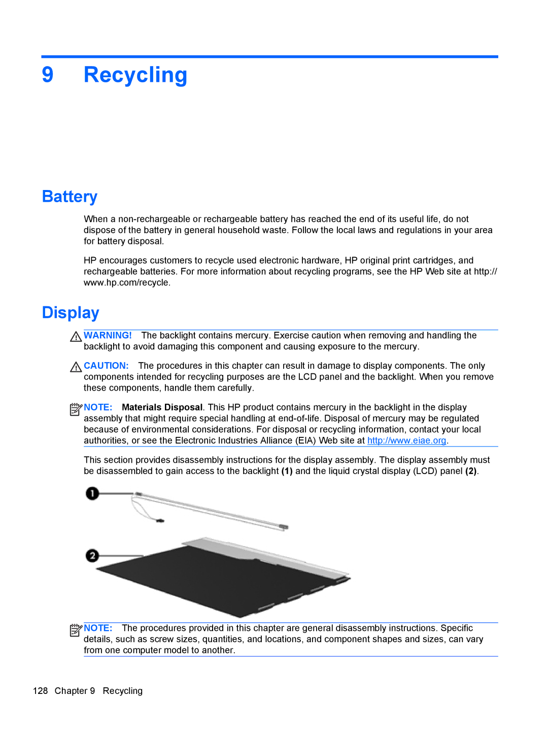 HP D8C11UT 14 D8C11UT#ABA, 14 C9K59UT#ABA, 4540s C6Z35UT#ABA manual Recycling, Battery 