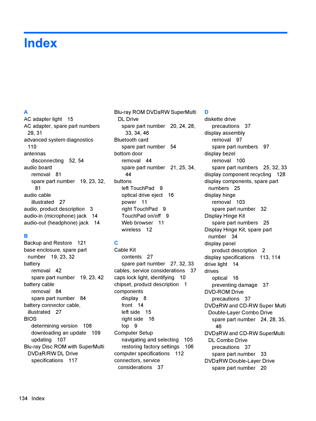 HP D8C11UT 14 D8C11UT#ABA, 14 C9K59UT#ABA, 4540s C6Z35UT#ABA manual Index 