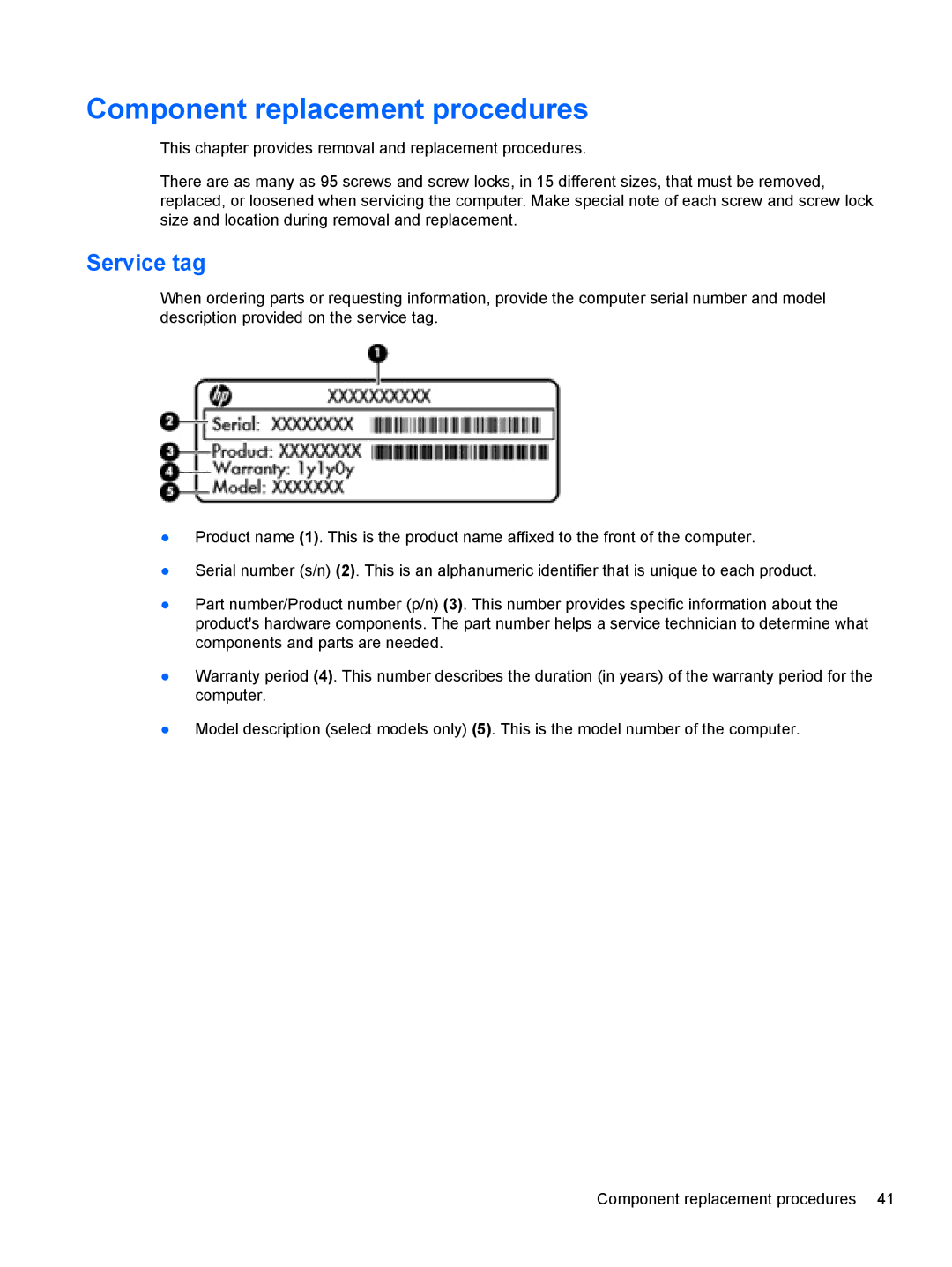 HP D8C11UT 14 D8C11UT#ABA, 14 C9K59UT#ABA, 4540s C6Z35UT#ABA manual Component replacement procedures, Service tag 