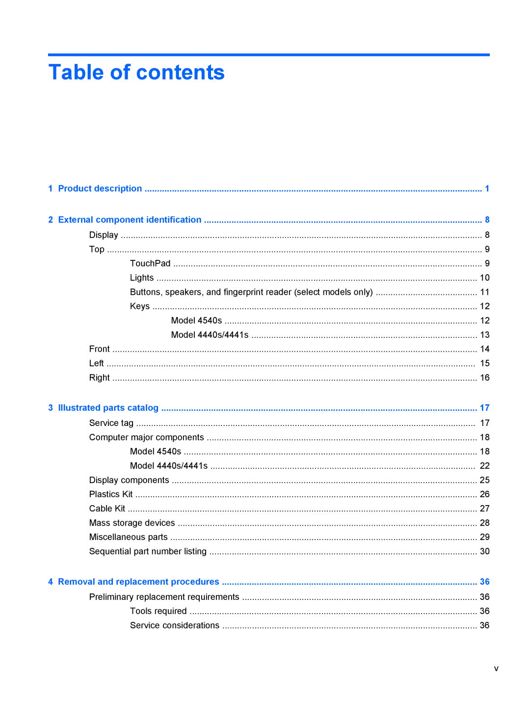 HP 4540s C6Z35UT#ABA, 14 C9K59UT#ABA, D8C11UT 14 D8C11UT#ABA manual Table of contents 