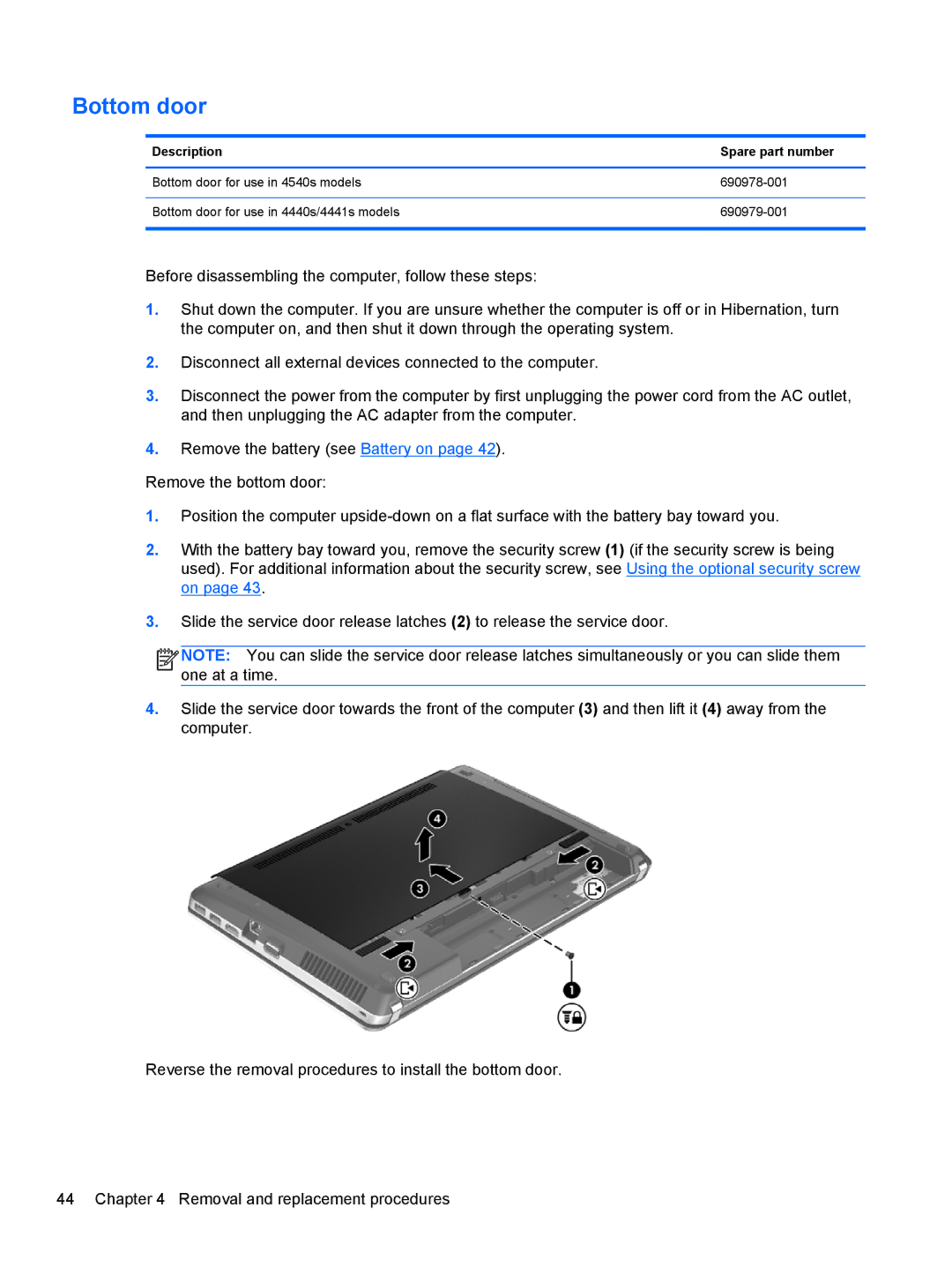 HP D8C11UT 14 D8C11UT#ABA, 14 C9K59UT#ABA, 4540s C6Z35UT#ABA manual Bottom door 