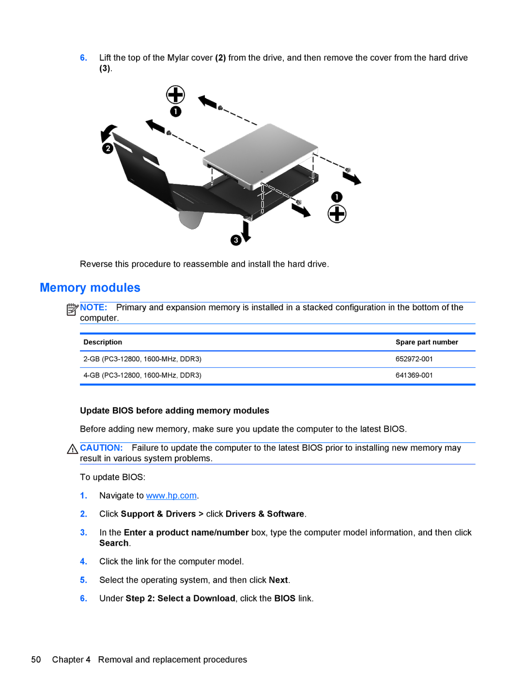 HP D8C11UT 14 D8C11UT#ABA, 14 C9K59UT#ABA, 4540s C6Z35UT#ABA manual Memory modules, Update Bios before adding memory modules 