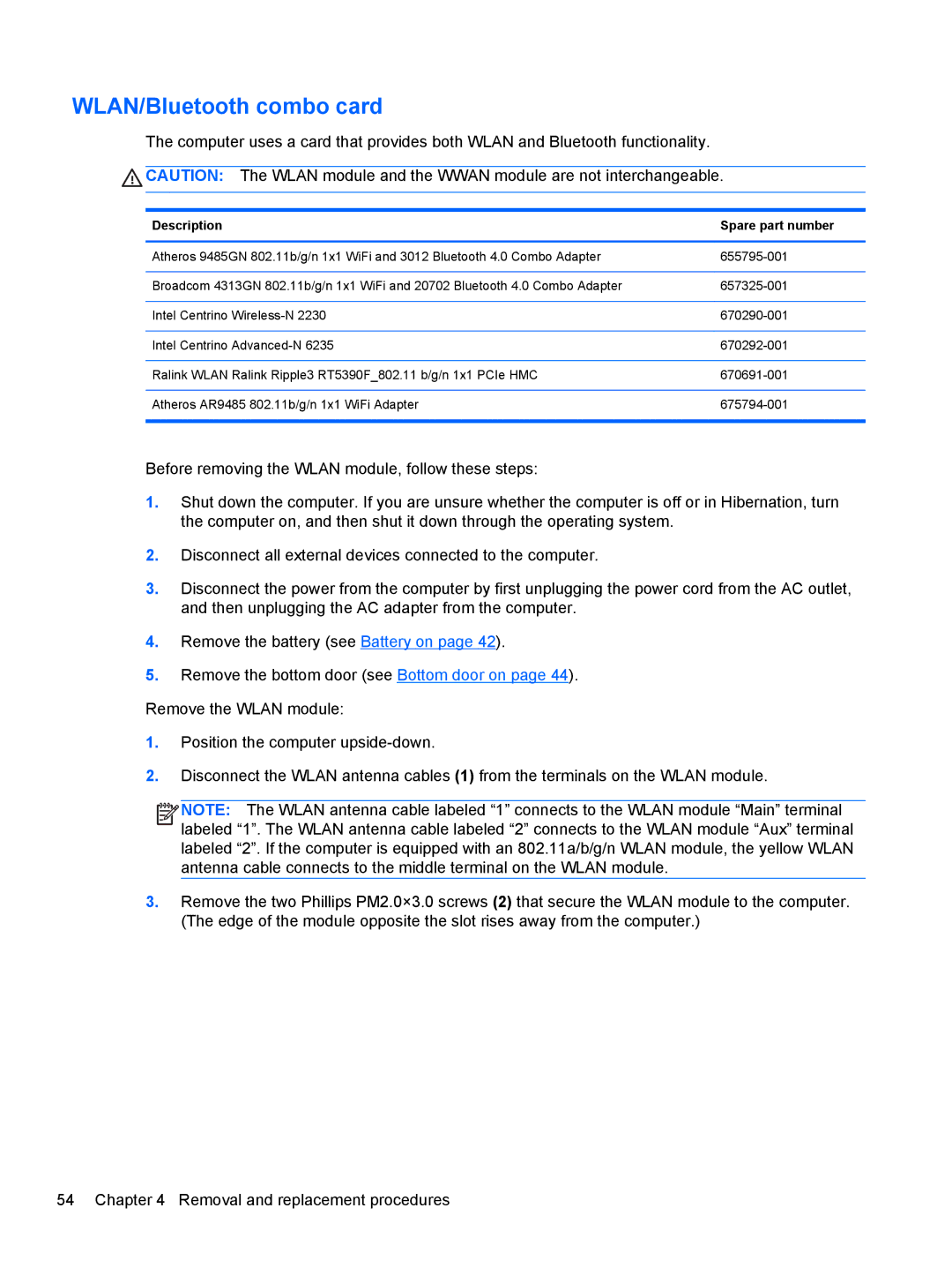 HP 4540s C6Z35UT#ABA, 14 C9K59UT#ABA, D8C11UT 14 D8C11UT#ABA manual WLAN/Bluetooth combo card 