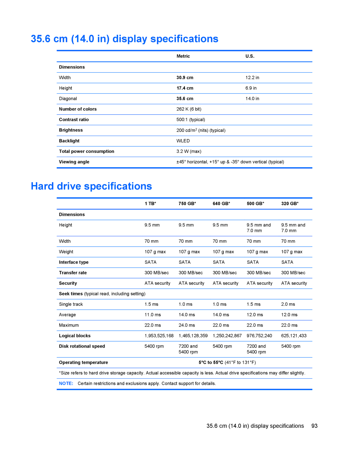 HP 14 Ultrabook manual 35.6 cm 14.0 in display specifications, Hard drive specifications 