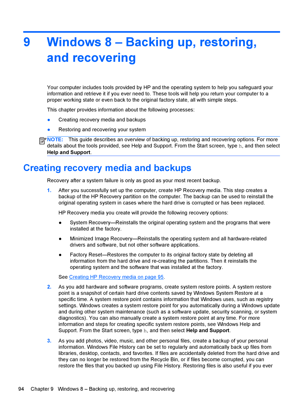 HP 14 Ultrabook manual Windows 8 Backing up, restoring, and recovering, Creating recovery media and backups 