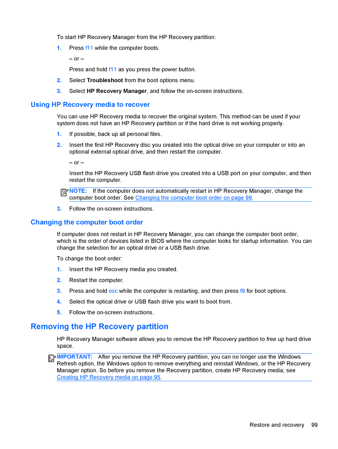 HP 14 Ultrabook manual Removing the HP Recovery partition, Using HP Recovery media to recover 