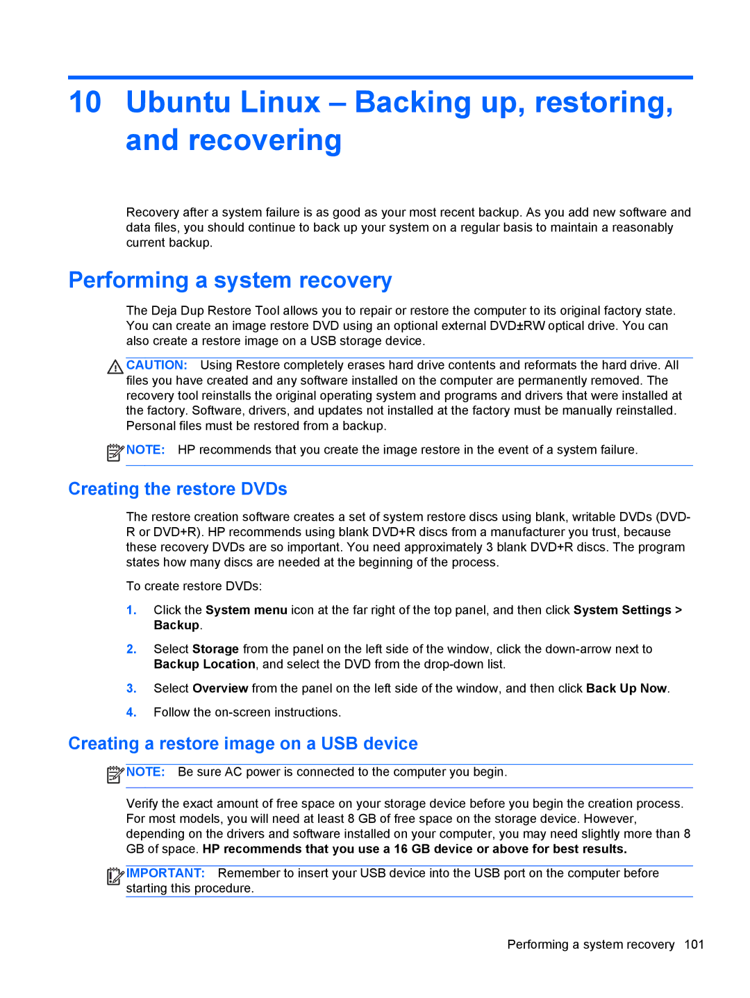 HP 14 Ultrabook manual Ubuntu Linux Backing up, restoring, and recovering, Performing a system recovery 