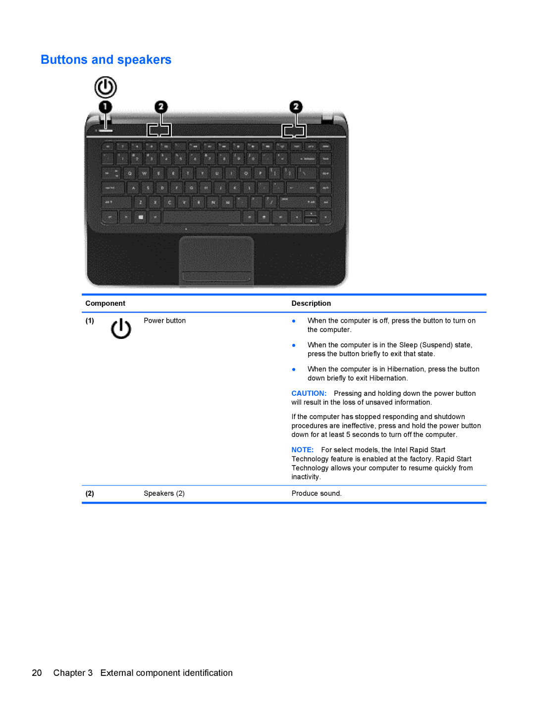 HP 14 Ultrabook manual Buttons and speakers 