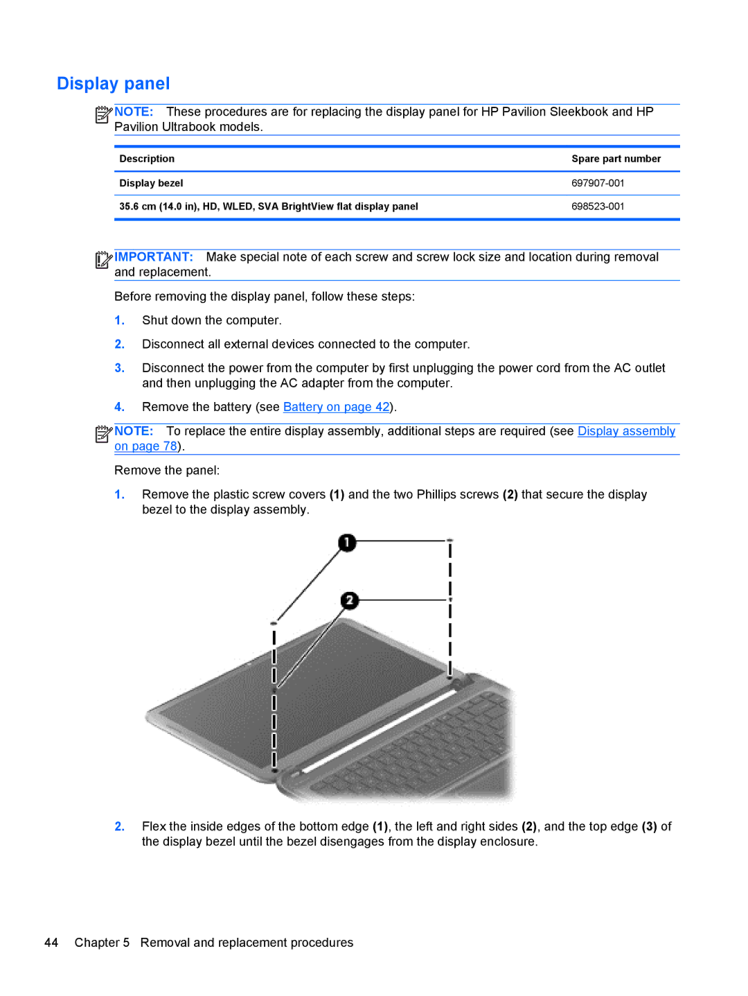 HP 14 Ultrabook manual Display panel 