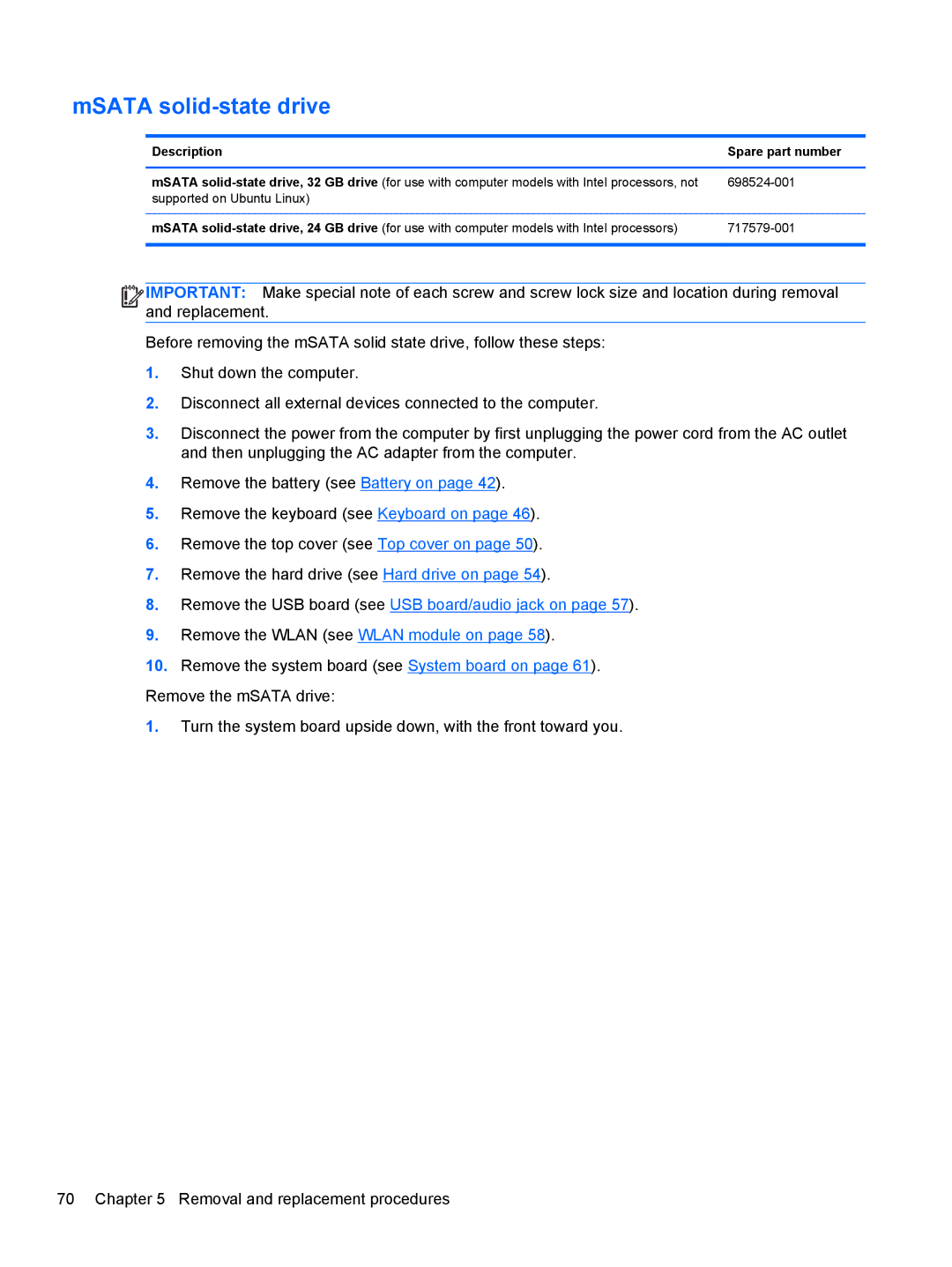 HP 14 Ultrabook manual MSATA solid-state drive, Description Spare part number 