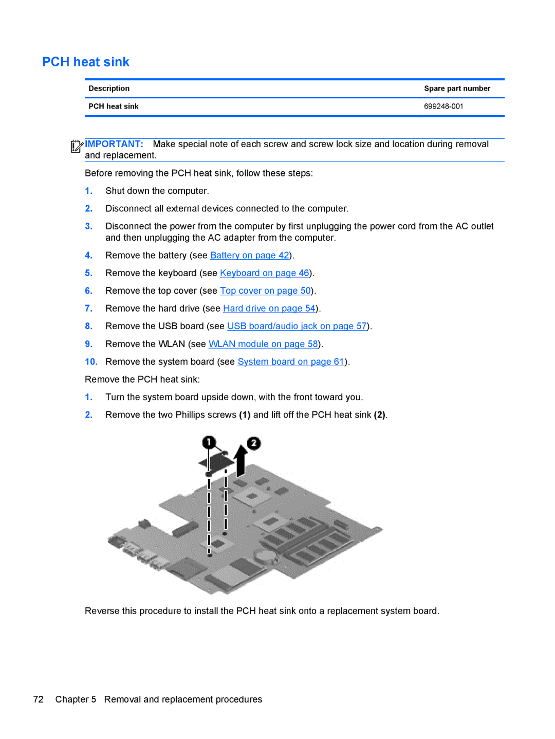 HP 14 Ultrabook manual Description Spare part number PCH heat sink 699248-001 