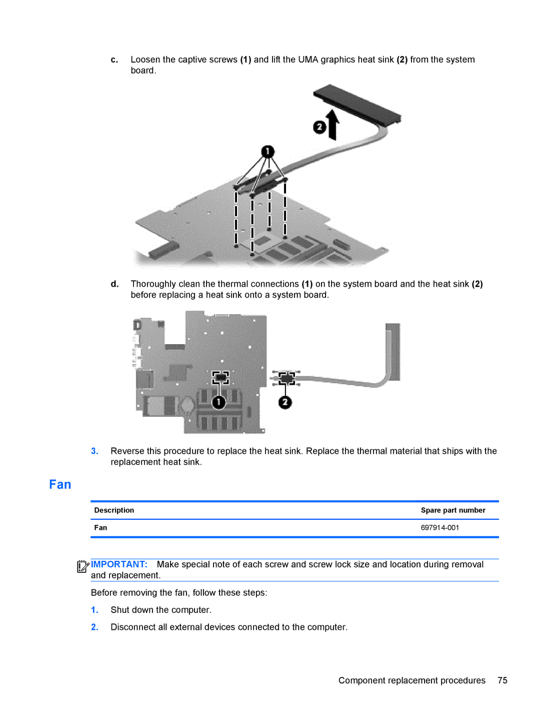 HP 14 Ultrabook manual Description Spare part number Fan 697914-001 