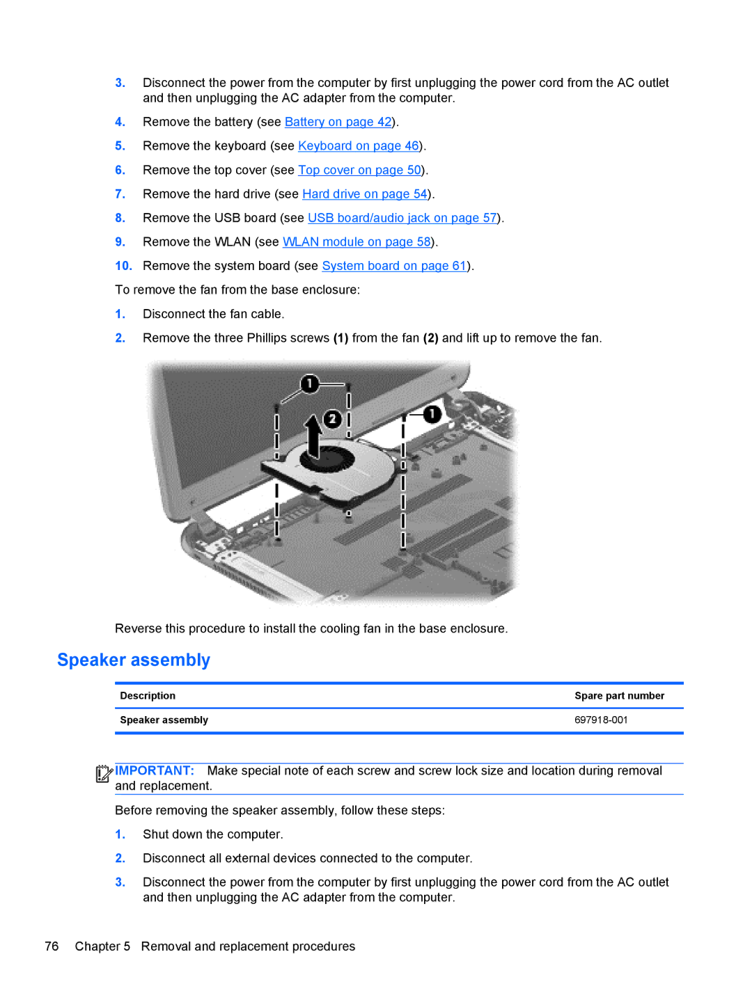 HP 14 Ultrabook manual Description Spare part number Speaker assembly 697918-001 