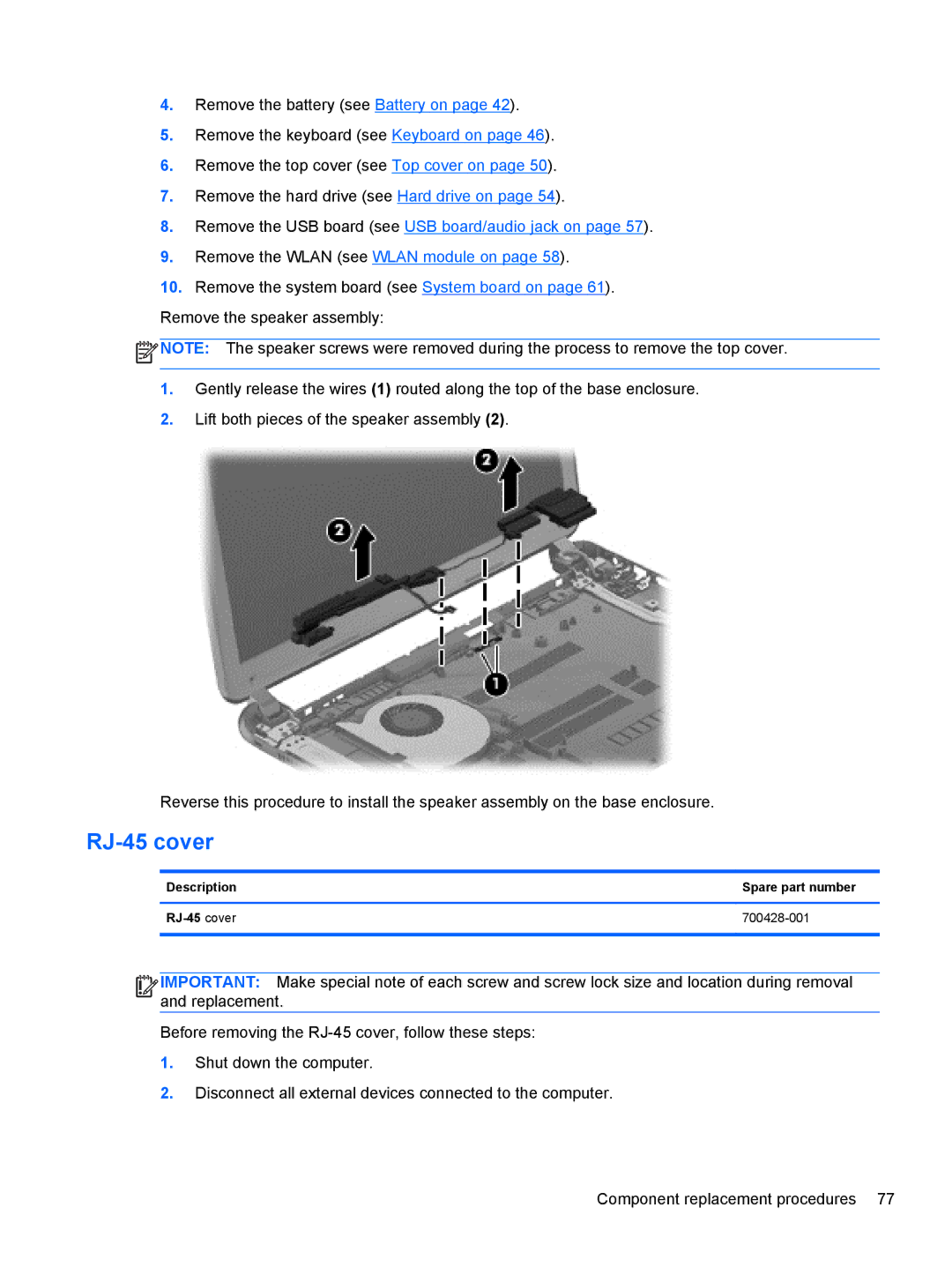 HP 14 Ultrabook manual Description Spare part number RJ-45 cover 700428-001 