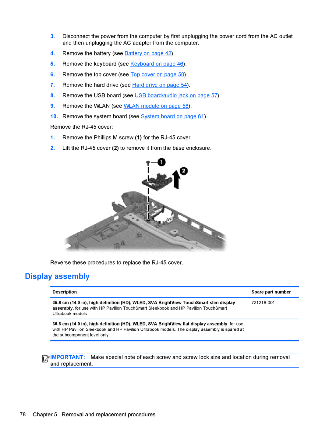 HP 14 Ultrabook manual Display assembly 