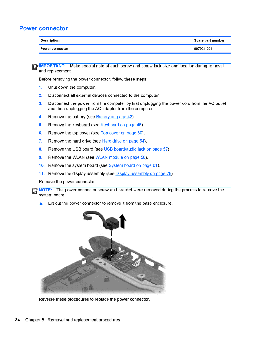 HP 14 Ultrabook manual Description Spare part number Power connector 697921-001 