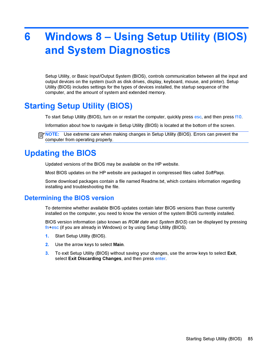 HP 14 Ultrabook Windows 8 Using Setup Utility Bios and System Diagnostics, Starting Setup Utility Bios, Updating the Bios 