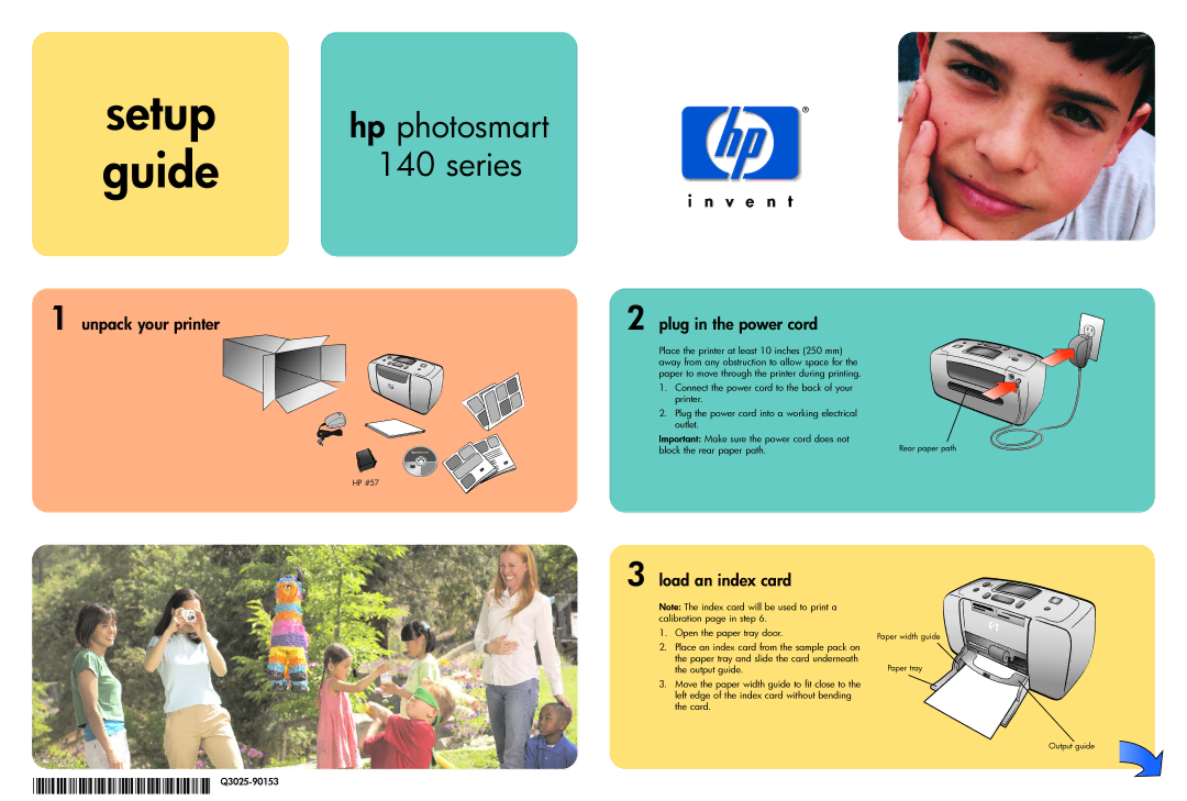 HP 140 manual Setup guide, Hp photosmart Series, Unpack your printer Plug in the power cord, Load an index card 