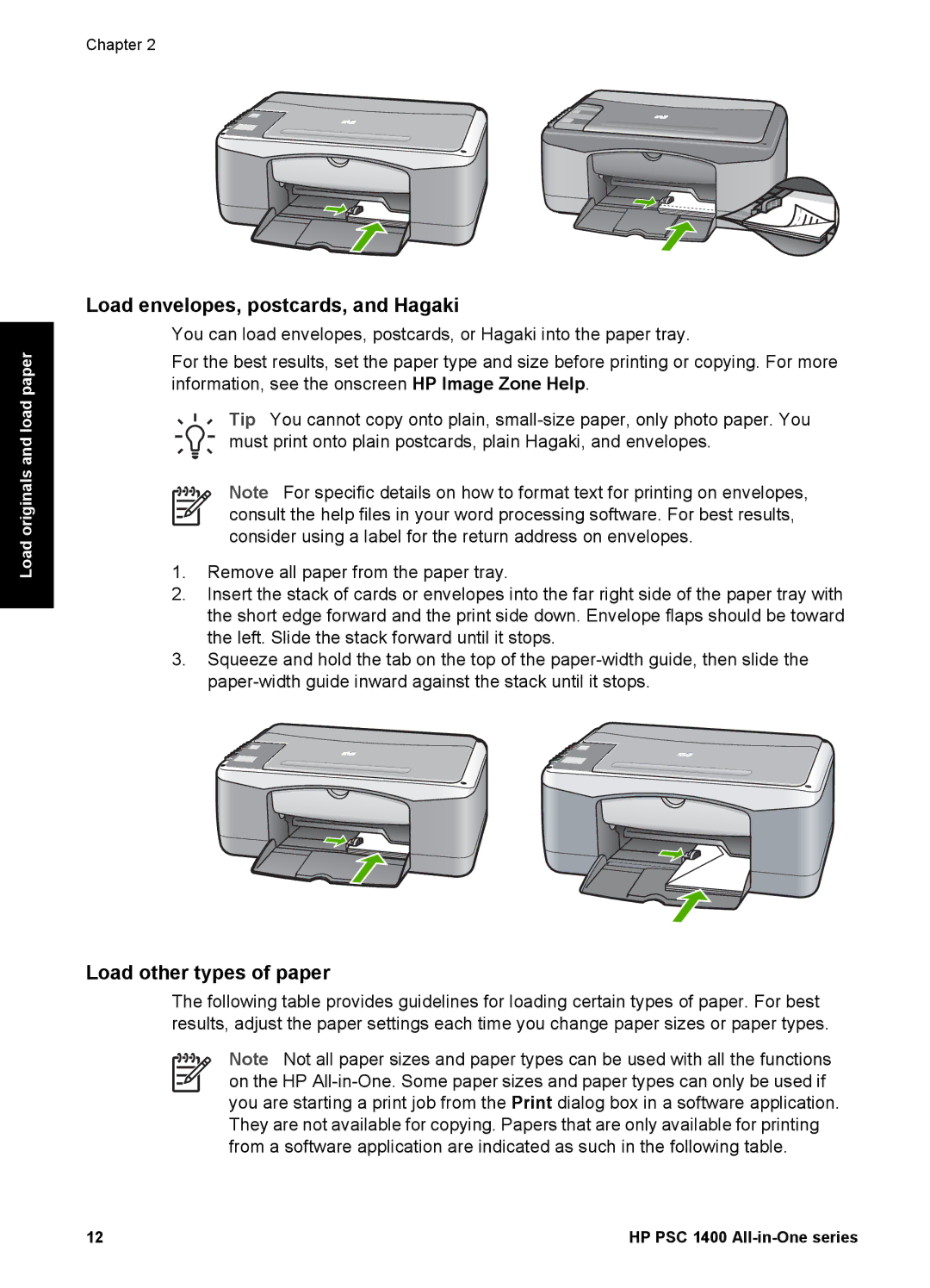 HP 1400 manual Load envelopes, postcards, and Hagaki 