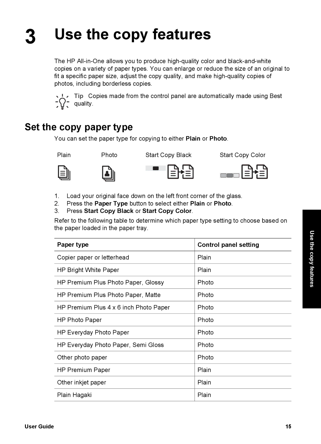 HP 1400 manual Use the copy features, Set the copy paper type, Press Start Copy Black or Start Copy Color 