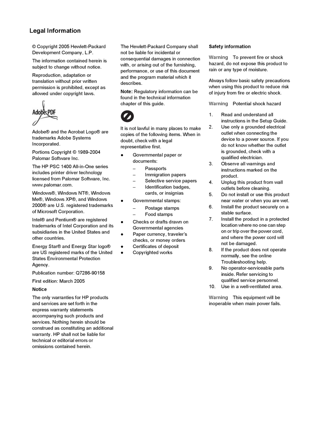 HP 1400 manual Legal Information, Safety information 